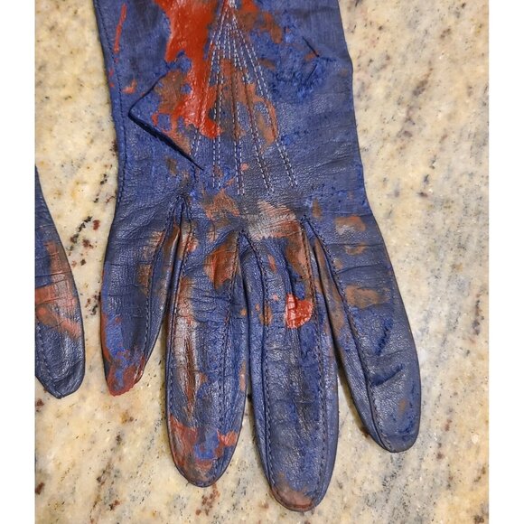 Vintage Size S Blue Leather Long Gloves Slashed Fake Bloody Slashed Zombie War - Picture 3 of 16